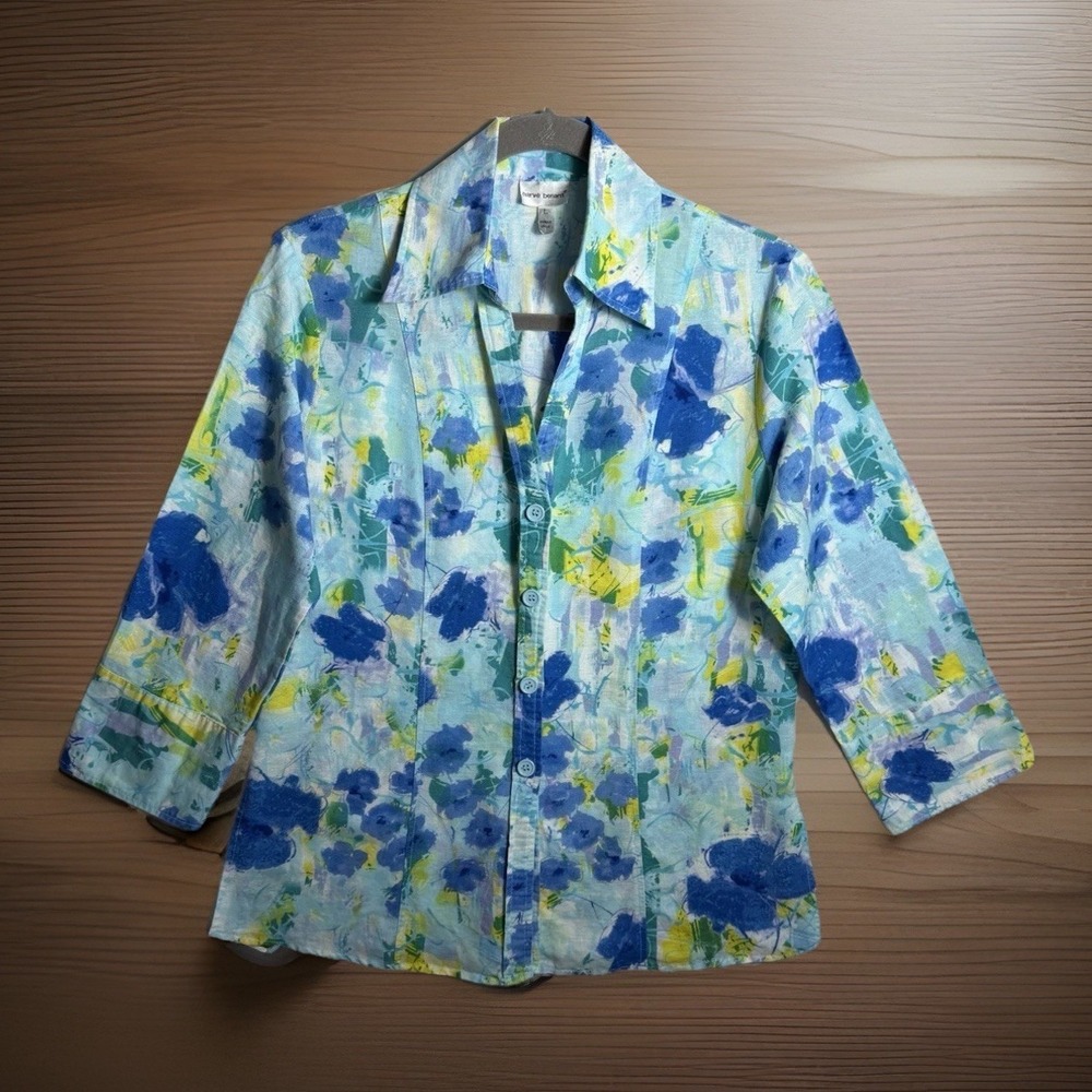 Harve Benard Top Womens Size L Blue Linen Blend Long Sleeve Watercolor Casual